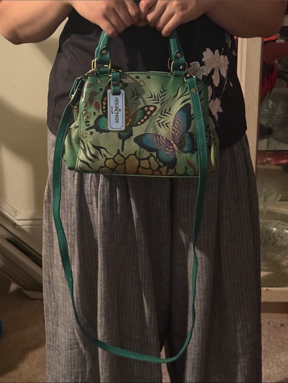 Anuschka Teal Green Multicolor Butterfly Leather Satchel